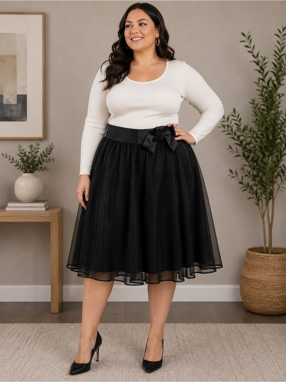 Black Sheer Chiffon Midi Skirt with Bow – Size Large